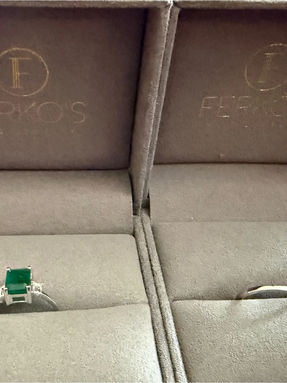 Emerald and diamonds white gold engagement ring set, size 5.5